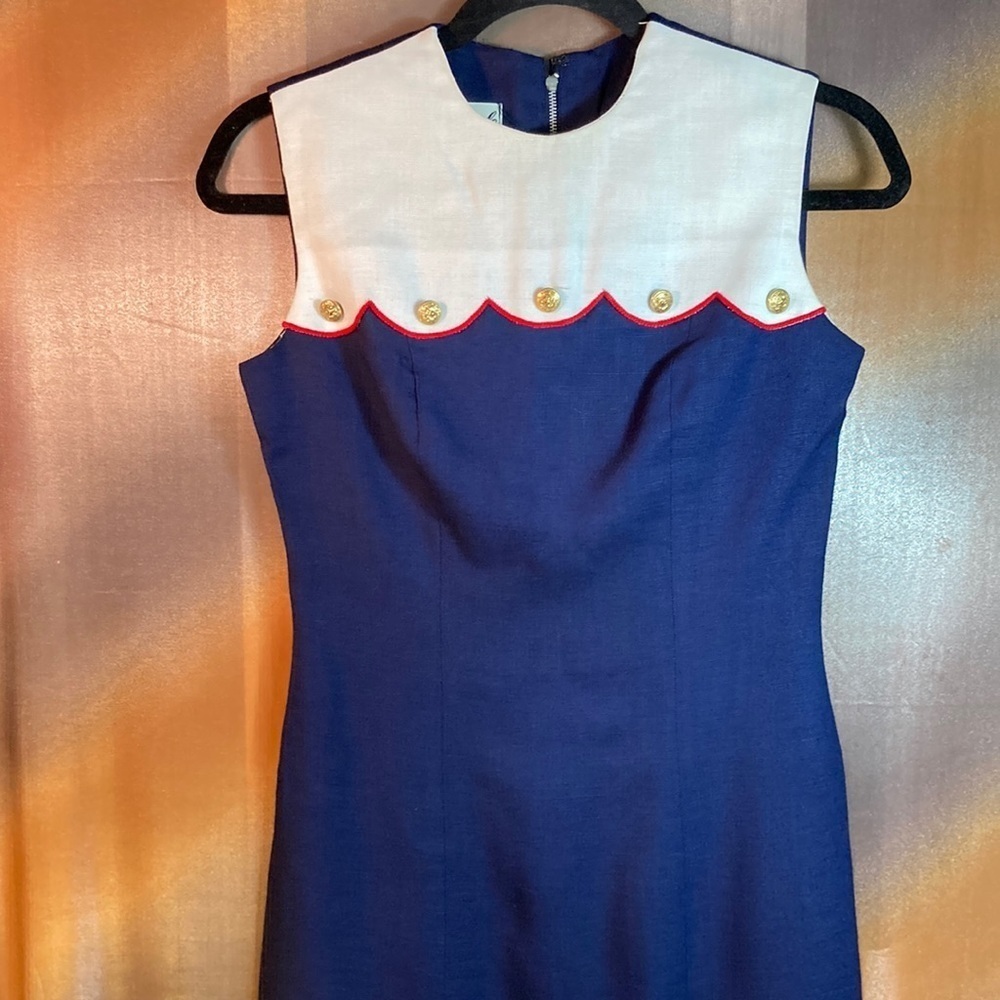 Vintage 60’s navy sleeveless‎ dress white top red detail. 32” chest 28” waist B9